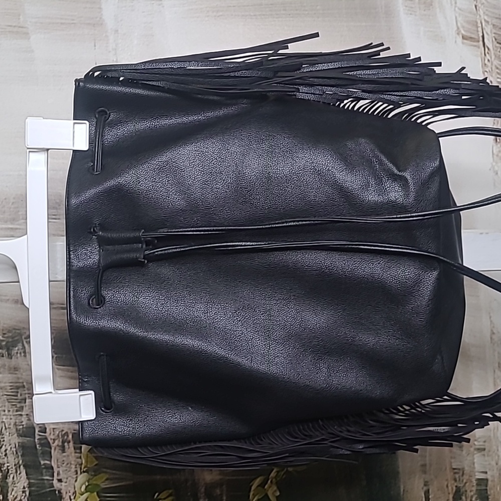 Victoria Secret Black Leather Bucket Backpack Bag with Fringe - Picture 7 of 7